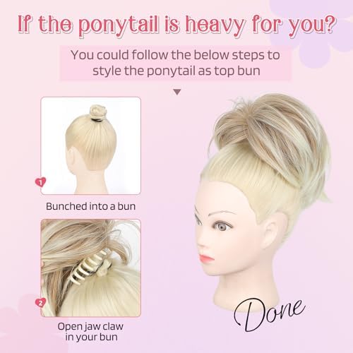 HOOJIH Messy Bun Hair Piece, Claw Clip in Straight Hair Bun 9 Inch Short Ponytail Extension with Bendable Metal Wire Hair Pieces for Women Fake Pony DIY Styles - Light Ash Brown with Blonde mixed - Image 6