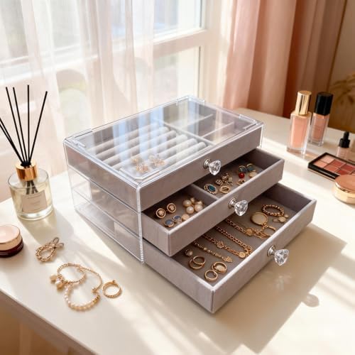 Clear Acrylic Velvet Jewelry Organizer with 3 Drawers, Stackable Display Storage Earrings Necklace Rings Bracelets Box Holder Case for Women, Grey - Image 4