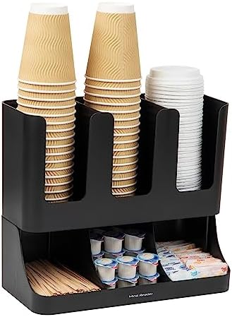 Mind Reader Condiment Station, 13 Inch Countertop Coffee Bar Organizer with 6 Compartments, Storage Caddy for Cups, Lids and Packets, Plastic, Black by MindReader