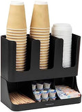 Mind Reader Condiment Station, 13 Inch Countertop Coffee Bar Organizer with 6 Compartments, Storage Caddy for Cups, Lids and Packets, Plastic, Black by MindReader