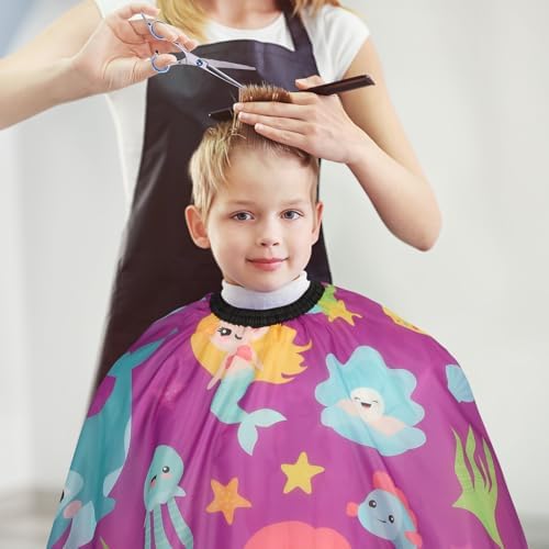 Kids Barber Cape with Neck Duster Brush, Professional Salon Hair Cutting Cape with Adjustable Snap Closure(Cartoon Mermaids) - Image 5