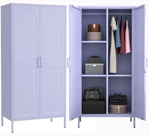 Lockable Metal Armoire Wardrobe Closet, 67 Inch Steel Clothing Storage Cabinet, Hanging Rod and Adjustable Shelves, Purple 2 Door Storage Cabinet for Bedroom Cloak Room Office Gym by HOME