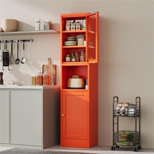 YAUWOH 2-Door Metal Storage Cabinet, Tall Slim Pantry Organizer with 3 Adjustable Shelves (120LBS/Shelf), Anti-Tipping Waterproof Cabinet for Bathroom/Kitchen/Home Office/Small Spaces,(1PC,Orange) - Image 2