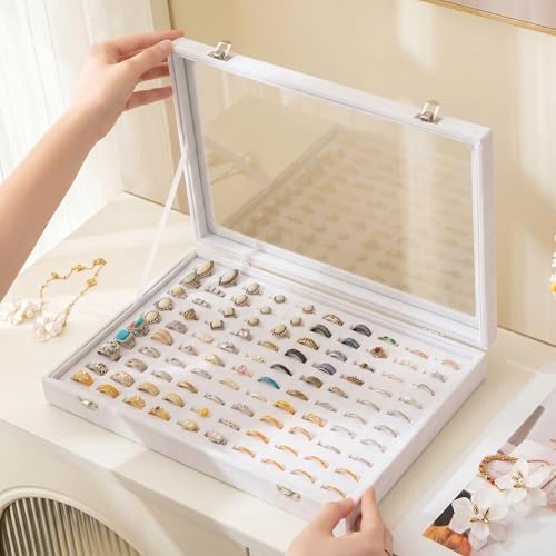 Frebeauty 100 Slots Ring Organizer Tray,Velvet Ring Box with Clear Lid - Image 2