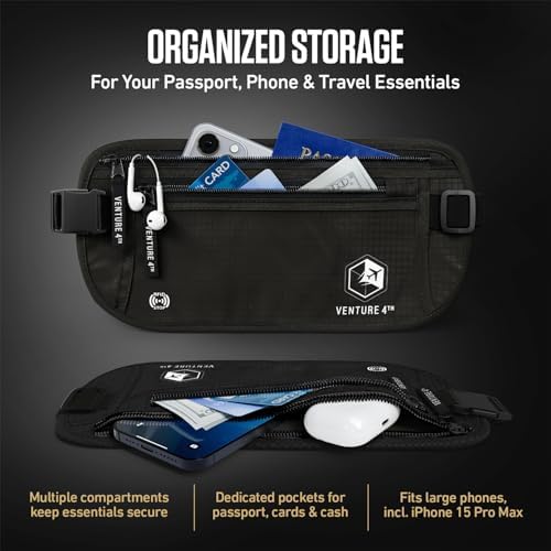 VENTURE 4TH Travel Money Belt, RFID Blocking Passport Holder - Pure Black - Image 5