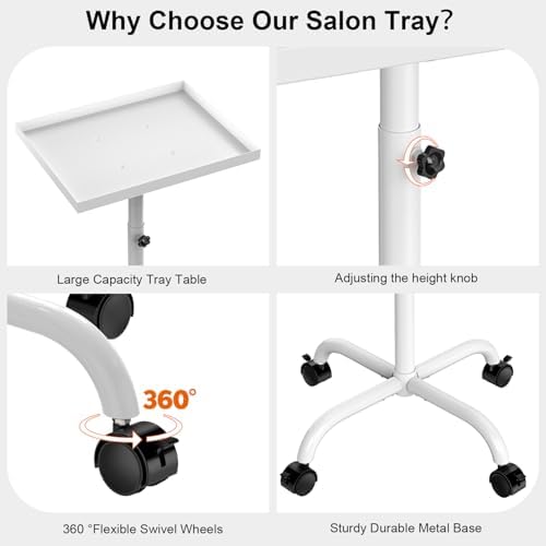 Salon Tray on Wheels, Salon Tray Cart Tattoo Tray Rolling Trolley, Hair Stylist Tray Height Adjustable, Dental Tray Hairdresser Tray Rolling Table Tray Cart (White) - Image 4