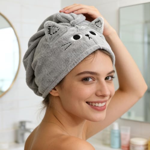 2Pack Microfiber Hair Towel Wrap for Kids, Cute Cat Absorbent Hair Drying Turbans Head Towels for Women Girls (Pink and Gray cat) - Image 6