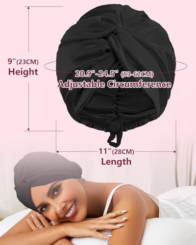 HFRHTGY Adjustable Silk Satin Hair Bonnet for Sleeping, Double Layer Hair Wrap Sleep Cap Turban for Women Men, Curly Straight Braid Unisex (Royal Black) - Image 4