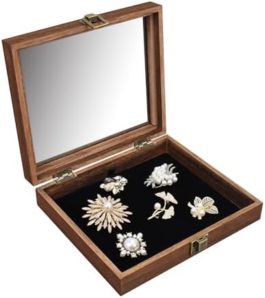 MOOCA Tempered-Glass Top 2 pieces Set Small Wooden Jewelry Display Case with Removable Black Luxurious Velvet Jewelry Display Pad, Deeper 2.2" Design for Collectibles, Brown Color. - Image 5