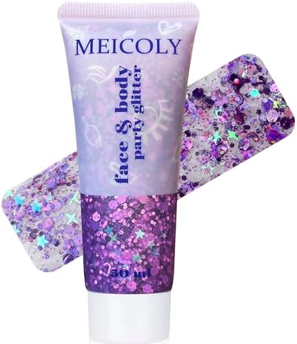 MEICOLY Purple Hair Glitter Kids Makeup,Holographic Halloween Game Day Spirit Day Face Glitter,Self-Adhesive Mermaid Sequins Face Body Glitter,Chunky Glitter for Festival Rave Accessories by MEICOLY