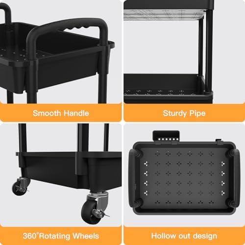 3 Tier Rolling Utility Cart with Handle,REBECAT Utility Cart Made of Multifunctional Storage Organizer Tool for Kitchen,Bathroom,Living Room,Office(Black) - Image 2