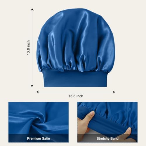 2 PCS Satin Silk Bonnet for Men Women, Hair Bonnet for Sleeping Men with Elastic Band, Large Silk Bonnet for Men Women Curly Hair Braids (Black+Blue) - Image 3