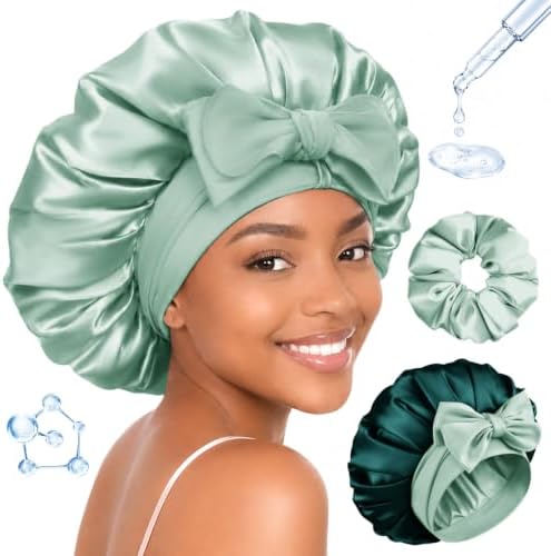 BONNET QUEEN Silk Bonnet for Sleeping Women HYALURONIC Acid Reversible Double Layer Satin Bonnet Night Sleep Cap Wrap for Curly Hair with Adjustable Tie Band & Scrunchie, Sage & Dark Green by BonnetQueen
