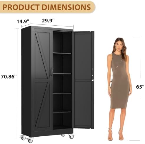 71" Metal Garage Storage Locker Cabinet with Wheels,Rolling Black Lockable Tool Cabinet with 2 Doors and 4 Adjustable Shelves, Steel Office File Cabinet for Home Office Warehouse Gym - Image 3
