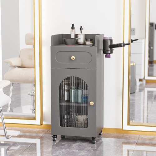 OmySalon Salon Cart with Wheels, 3-Tier Rolling Beauty Cart with Glass Door & Dryer Holder, Mobile Hair Styling Station for Barber, Spa, Esthetician, Nail & Tattoo Artists, Lockable Storage, Grey - Image 7