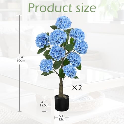 3FT Blue Hydrangea Artificial Flowers Tree Large Real Touch Faux Silk Hydrangea Plants Potted Fake Flower in Black Pot for Home Indoor Outdoor Front Porch Garden Entrance Living Room Decor, 2 Pack - Image 2