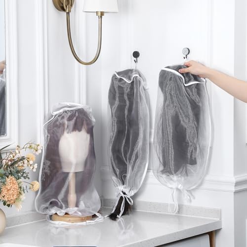 Loopeer 6 Pcs Wig Storage Bag Adjustable Wig Cover with Drawstring,White - Image 3