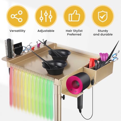 Retain Time Champagne Gold Hair Salon Cart with Wheels, Large Heavy Duty Multi-Function Salon Station Tray, Adjustable Corrosion Resistant Stylist Color Tray for Hair Styling - Image 5