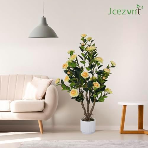2 Pack Artificial Camellia Tree with White Pot, 38" Faux Potted Plants for Indoor Outdoor Decor, Tall Silk Greenery Plant for Home Offce Living Room Balcony, Yellow - Image 5