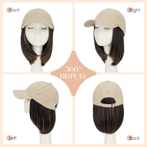 Rich Choices Hat Wigs for Women,Khaki Baseball Cap with Hair Extensions for Women,Short Bob Hairstyle Caps with Hair Attached Adjustable Baseball Cap Wig 6 Inch Highlighted Dark Brown Hair - Image 4