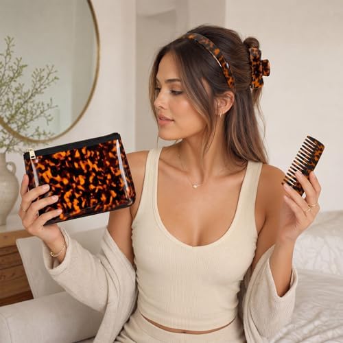 Thiccywoov 4 Pcs Tortoise Shell Makeup Bag with Hair Accessories Set for Women, Travel Cosmetic Pouch, Wide Headband, Large Claw Clip, Wide Tooth Comb, Retro Hair Styling Gift Set - Image 6