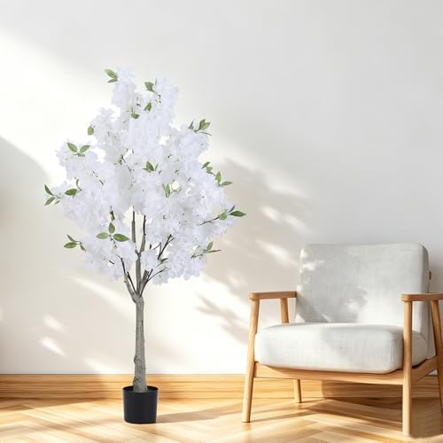 Artificial Cherry Blossom Tree Fake Plants Faux White Sakura Flowers, 4FT - Image 2