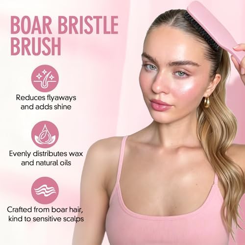 Boar Bristle Slick Back Hair Brush for Smooth Flyaways, Frizz, Sleek Ponytail, Buns and Edge Baby Hair, Teasing | Hair Comb, Edge Brush, Teasing Brush Styling Accessories for Kids, Women & Men (Pink) - Image 3