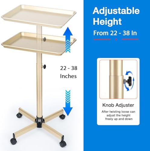 Salon Tray on Wheels, Champagne Gold Salon Service Tray Cart with Adjustable Height,Ideal Use As Salon Tattoo Tray&Medical Tray,No-Rusting - Image 2