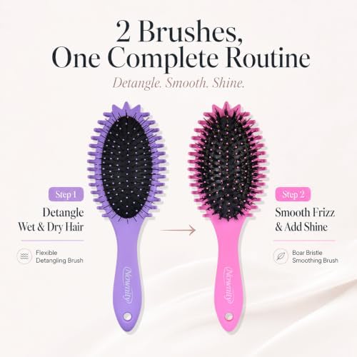 2 Pack Detangling Hair Brush Set with Boar Bristle Brush & 2 Cleaning Brushes, Wet & Dry Hair Brushes for Curly, Wavy, Thick Hair, Gentle No-Pull Detangler for Women, Kid (Pink+Purple) - Image 5