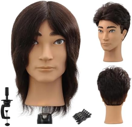 12 Inch Male Mannequin Head,100% Real Deep Black Human Hair for Barber Exam & Haircut Styling Training,Manikin with Free Clamp Stand (1b#) by Unknown
