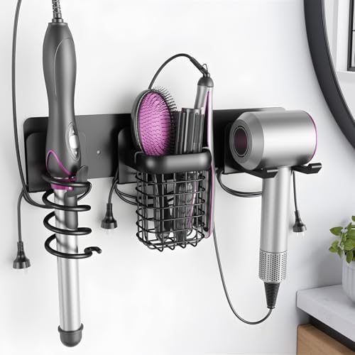 Tindbea Upgraded Aluminum Alloy Hair Dryer Holder Wall Mounted with Built-in Cord Wrap,3-in-1 Hair Tool Organizer for Blow Dryer, Curling Iron, and Straightener, Matte Black by Tindbea