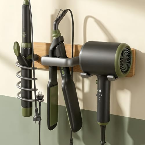 Tindbea Upgraded Cherry Wood Hair Dryer Holder Wall Mounted,3-in-1 Hair Tool Organizer for Blow Dryer, Curling iron, and Straightener, Blow Dryer Holder for Bathroom, Vanity, Brushed Nickel by Tindbea