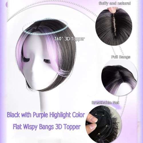 VAVANGA Long Hair Topper with Bangs Clip in Black Purple Highlight Color - Image 4