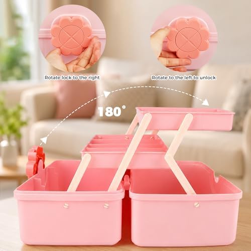 Hair Accessories Organizer for Girls, Portable 3-Layer Folding Storage Box with Handle, Organizer for Hair Clips, Bows, Headbands & Hair Ties, 11.4 x 6.3 x 6.3 Inch - Image 3
