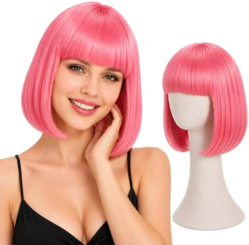 Short Pink Bob Wig with Bangs for Women by PARTYTELLER