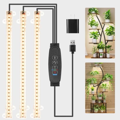 3 Head 9.4'' LED Grow Light Strips, 3000K Full Spectrum for Indoor Plants Plant Light with 3/9/12H Timer & 10 Dimmable Levels, Grow Lamp for Succulents, Seedlings,Hydroponics & Greenhouse by RWNTAO