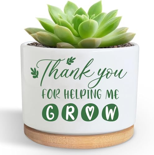 DOFAFALA Thank You for Helping Me Grow - Funny White 3.5 inch Ceramic Planter Pot with Bamboo Tray, Cactus Succulent Pots, Teachers Appreciation Gift for Daughter Son Friends by DOFAFALA