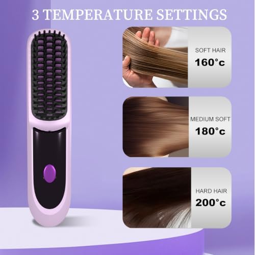 Go Brush Pro for Short Hair 2026, Portable Straightener Brushs for Travel, with LCD Temperature Display, Fast Heating Cordless Mini Hair Brushs(Purple) - Image 3
