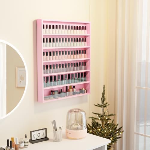 OmySalon Nail Polish Organizer Wall Mount - Holds 200 Bottles with Acrylic Barrier, Salon Display Rack for Home Spa & Nail Studio - Assembly Required, Wooden Polish Storage (Pink, 6-Tier) - Image 3