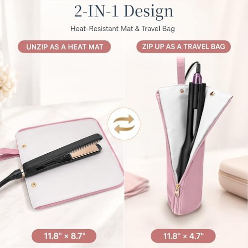 Hot Tools Travel Bag with Heat Resistant Mat, 2-in-1 Hair Tools Organizer Bag for Curling Iron, Flat Iron, Portable Holder & Mat with Cord Pocket for Home Travel(Pink) - Image 2
