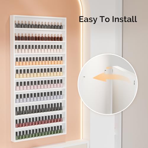 OmySalon Nail Polish Organizer Wall Mount - Holds 200 Bottles with Acrylic Barrier, Salon Display Rack for Home Spa & Nail Studio - Assembly Required, Wooden Polish Storage (White, 10-Tier) - Image 5