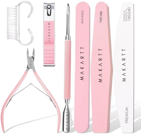 Makartt Nail File and Buffer Set, Pink Basic Prep Kit with Cuticle Clipper, Trimmer, Pusher, Brush, Manicure Care Kit for Natural and Acrylic Nails (7pcs) by Makartt