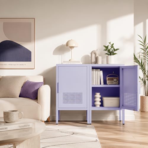Purple Metal Freestanding Nightstand Cabinet, Ventilated Single Door End Table with Adjustable Shelf & 2-Tier Storage for Bedroom Living Room Entryway Office - Image 4