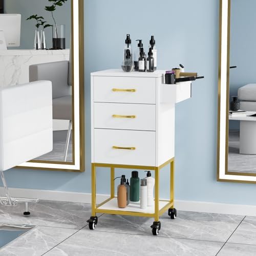 OmySalon Salon Storage Trolley Cart, White Gold Salon Station for Stylist, Beauty Wooden Hair Cabinet with Dryer Holder & Drawer, Hairdressing Tools Organizer Equipment for Spa Barbershop - Image 2