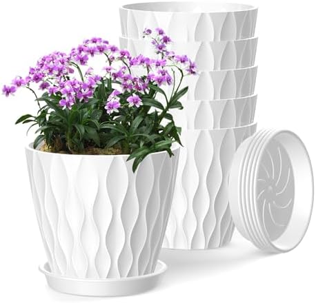 6 Inch Plant Pots, 6 Pack Indoor Flower Pots, Planters with Drainage Holes and Trays for Orchids, Violets, Succulents, Herbs, and Other Plants,White by SQKH