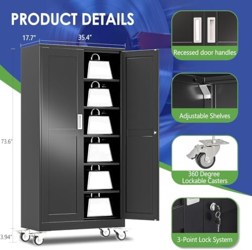 73.6" Metal Garage Storage Cabinet with Wheels and Locking Doors - Image 3