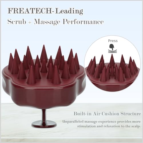 FREATECH Massager Shampoo Brush with Soft Silicone Bristles for Scalp Care, Shower Hair Scalp Scrubber Exfoliator for Dandruff Removal and Hair Growth, Wet & Dry for Men, Women and Kids, Red - Image 4