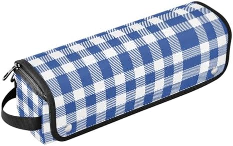 Blue Plaid Check Hair Tools Travel Bag Portable Carrying Case with Heat Resistant Mat Travel Organizer Pouch for Curling Iron Flat Irons Hair Dryer by PJXTH