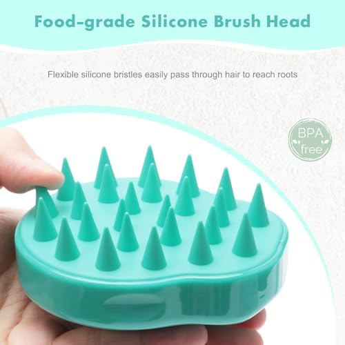FREATECH Massager Shampoo Brush with Soft Silicone Bristles for Scalp Care, Shower Hair Scalp Scrubber Exfoliator for Dandruff Removal and Hair Growth, Wet & Dry for Men, Women and Kids, Green - Image 3