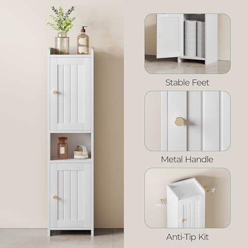 Bathroom Cabinet with 2 Doors, 7.3 x 9.8 x 40.4 Inches, Small Freestanding Storage Cabinet with Adjustable Shelf, Floor Cabinet for Small Spaces, Bathroom, Entrances, Kitchen, White - Image 6